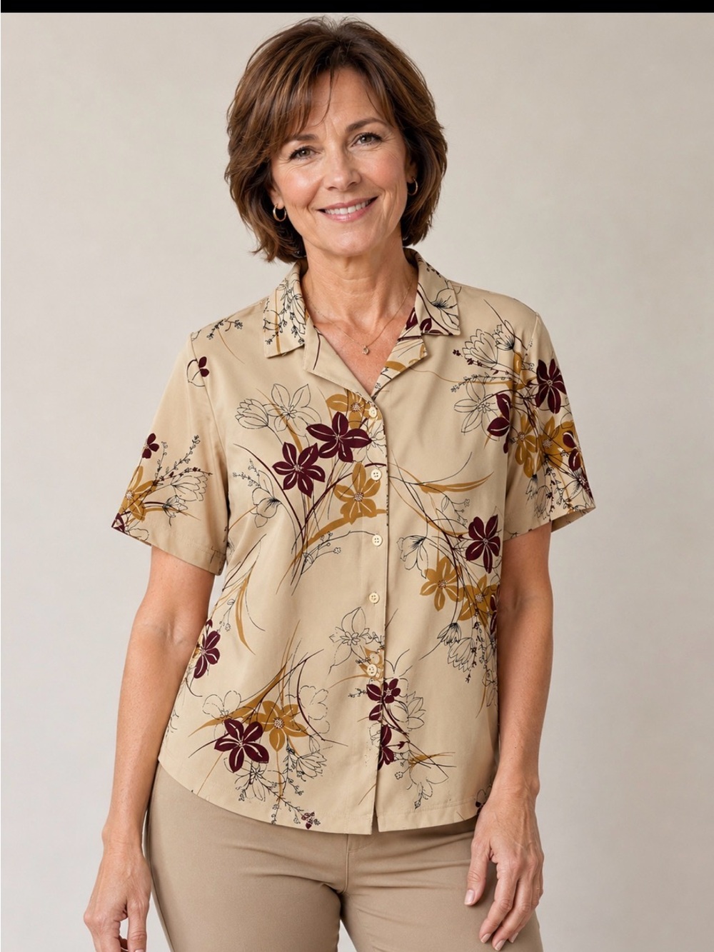 Alfred Dunner Beige Floral Short-Sleeve Button Shirt